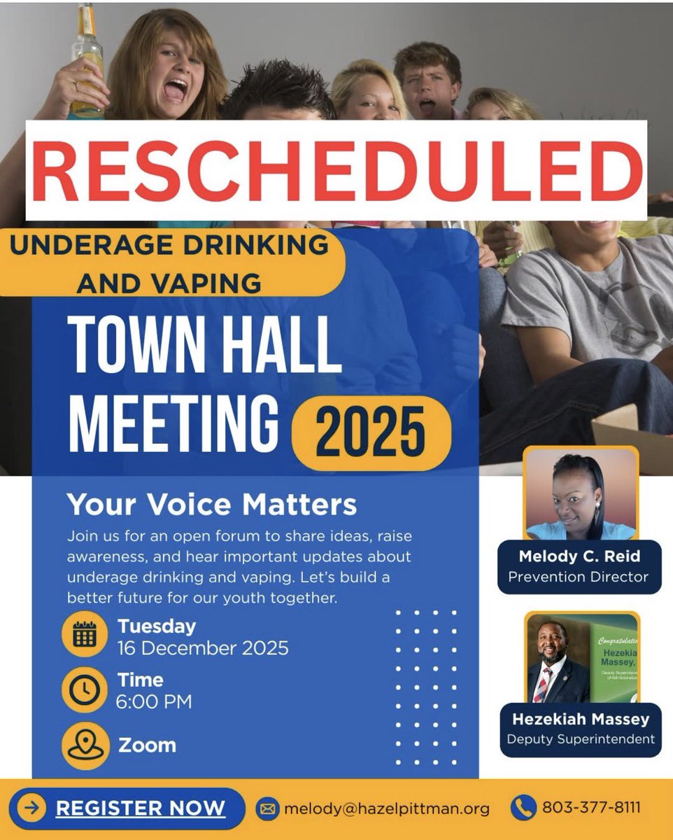 echocoalition's tweet photo. The Town Hall Meeting has been rescheduled due to a scheduling conflict with one of our presenters.

It has been rescheduled to Tuesday, December 16th, at 6 pm! Details below!

📣 Town Hall Meeting: Underage Drinking &amp; Vaping Awareness – All Are Welcome! https://t.co/wXkj53hzEc