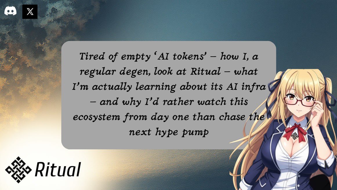 Blinqo3_80's tweet image. I’m not a dev, not a node runner, and not some AI professor. I’m just a degen who’s tired of empty “AI tokens”, and I started paying attention to Ritual because it finally smells like real infra here, not another fairytale for the next bullrun.​

Block 1 — Why Ritual grabs my…