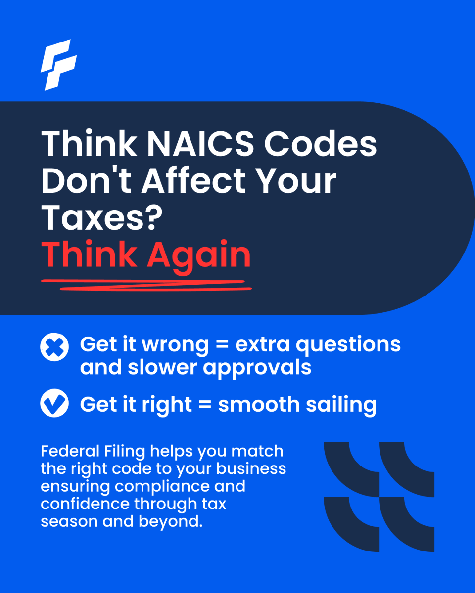 federal_filing's tweet photo. You might overlook that six-digit code, but the IRS doesn’t.

IRS uses it to decide if your deductions make sense. States use it for licensing. Regulators use it to see what rules apply.

Get it wrong = extra questions and slower approvals.
Get it right = smooth sailing.
At Federal Filing, we’ll help you make sure your code fits your business.

 #NAICS #TaxCompliance #BusinessTips