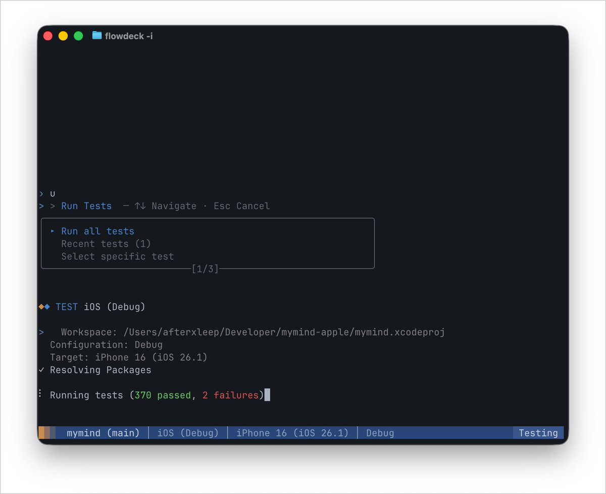 FlowDeck CLI test discovery in interactive mode. Just hit 'U'.

Discovery is up to 100x faster than xcodebuild. Type to search, pick a class or single test, and run right away.