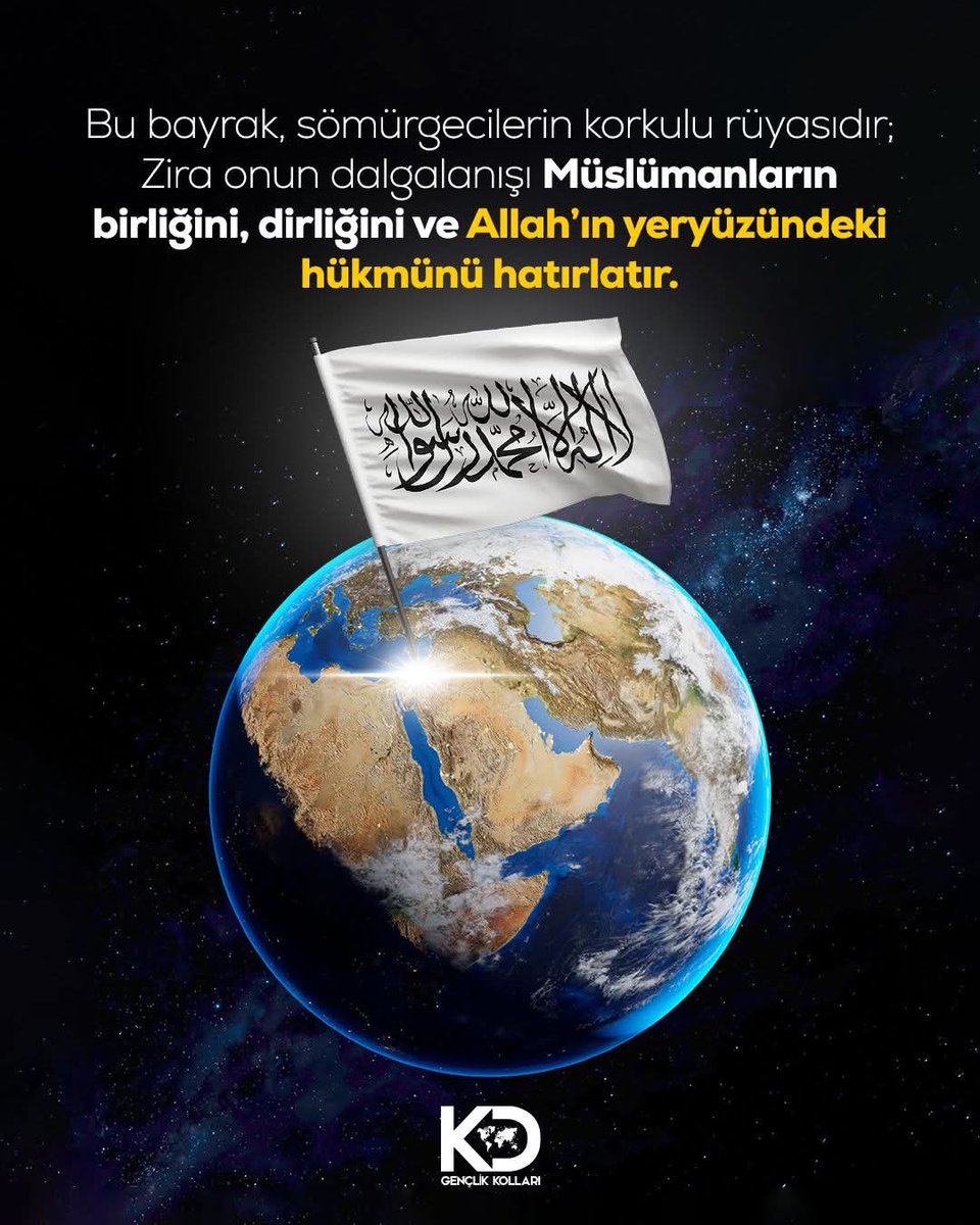 #BRAvFB
Kelime-i Tevhid , Müslümanların  ırk, renk, coğrafya ve sınırlar ötesinde tek bir ümmet olduğunu haykırır. Ümmeti bölen yapay kimliklere, ulusal sınırlara ve batıl ideolojilere meydan okumadır. O, Müslümanların hayatının köküdür,istikametidir.

#KelimeiTevhidBayrağı