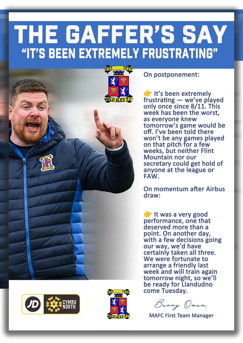 moldalexfc1929's tweet photo. 🎙 The Gaffer reacts to tomorrow’s postponement and looks ahead to next week’s challenge against Llandudno FC ⚽️

#MoldAlex #NorthWalesFootball #GrassrootsFootball https://t.co/4YUFD9EITo