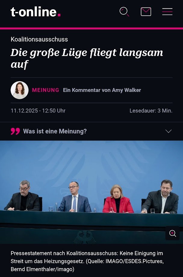 Lügen am laufenden Band. Man kommt echt nicht mehr hinterher.

„Heizen mit Öl und Gas hat keine langfristige Zukunft mehr. Wer das nicht hören will, verweigert sich der Realität. Eine solche Ehrlichkeit würde dieser Koalition – und dem Land – mal guttun. Nicht nur, weil der