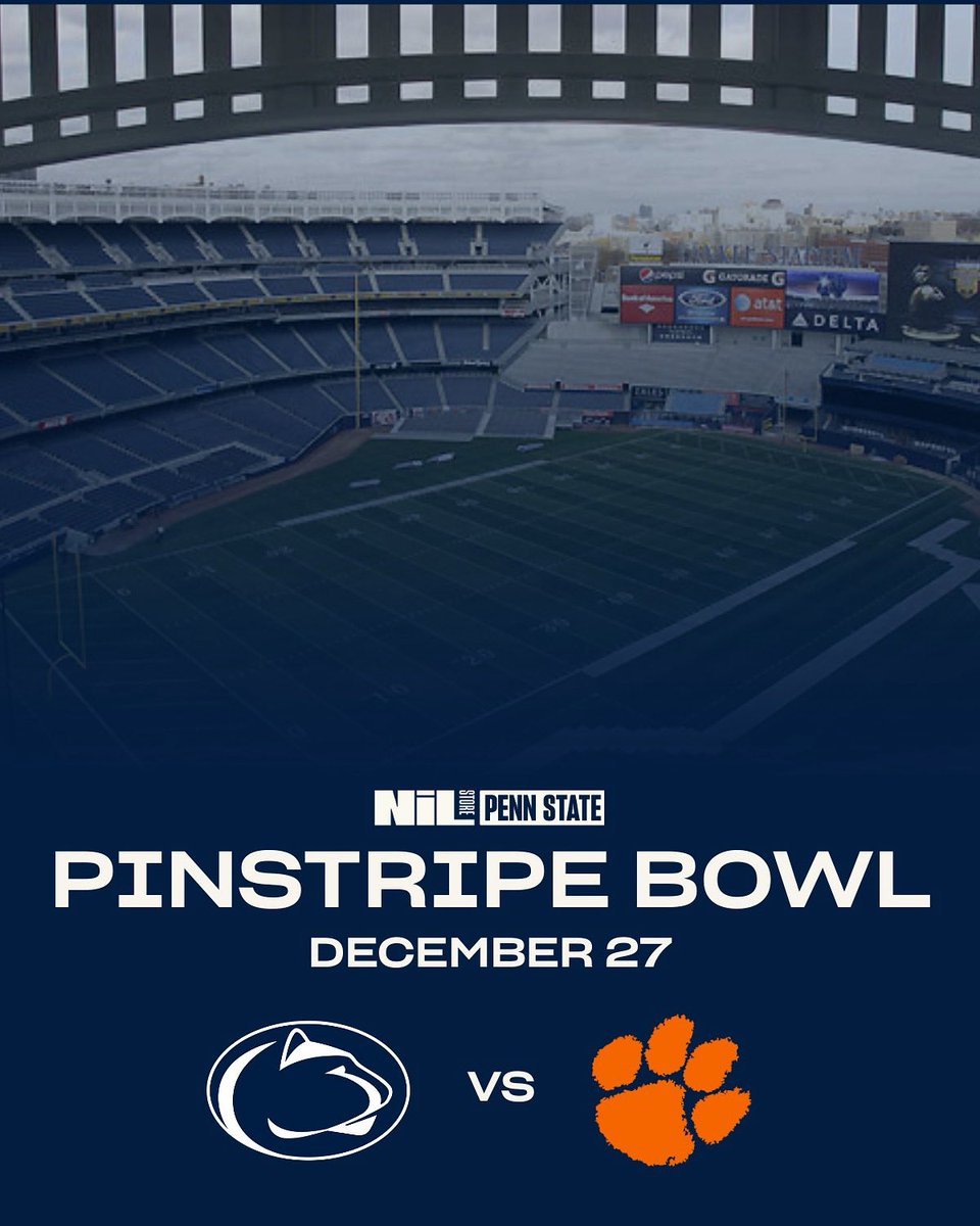 PennStNILStore's tweet image. Guess who's headed to the @PinstripeBowl ⁉️

@PennStateFball will take on @ClemsonFB on December 27 at Yankee Stadium