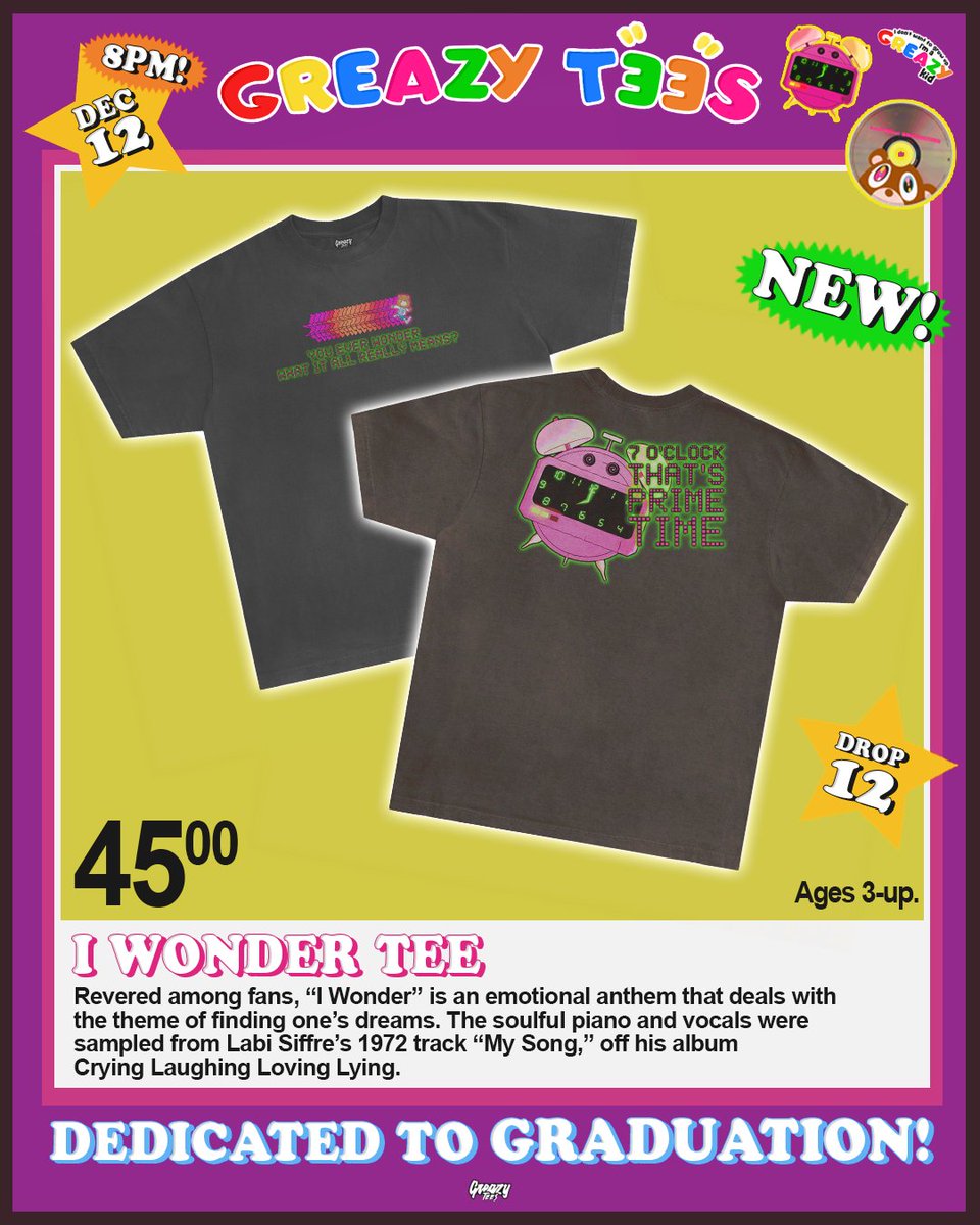 GreazyTees's tweet image. GRADUATION TEES - NEW ONES 🧸👩🏻‍🎤

To accompany our Graduation tee, we’ve created 2 more smaller designs based off a few of our favourite tracks; I Wonder &amp;amp; Flashing Lights. 2 of Kanye’s all time best &amp;amp; of course a classic album tee. You’re welcome!

Drop 12, this Friday 8PM GMT 🎄