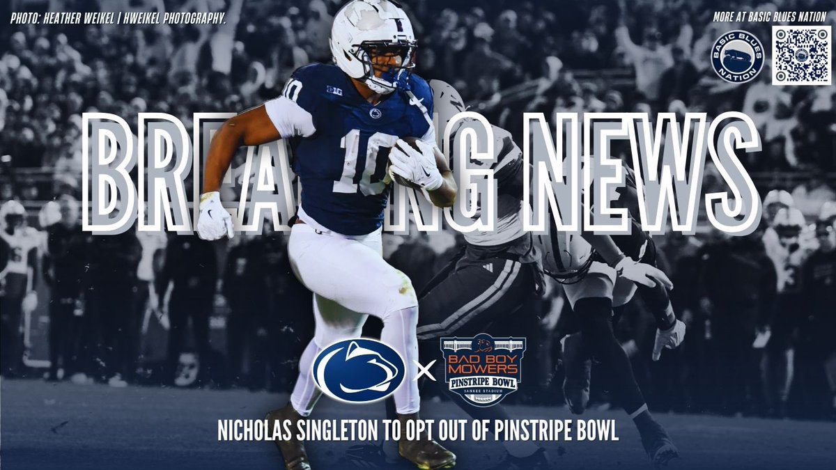 First reported by the Reading Eagle’s Rich Scarcella, Penn State RB Nicholas Singleton is opting out of the Pinstripe Bowl.

Singleton finishes his career 3,461 yards and as the Nittany Lions’ all-time touchdowns leader.

📸: <a href="/hweikelphoto/">Heather Weikel | HWeikel Photography</a> 

#WeAre #PennState