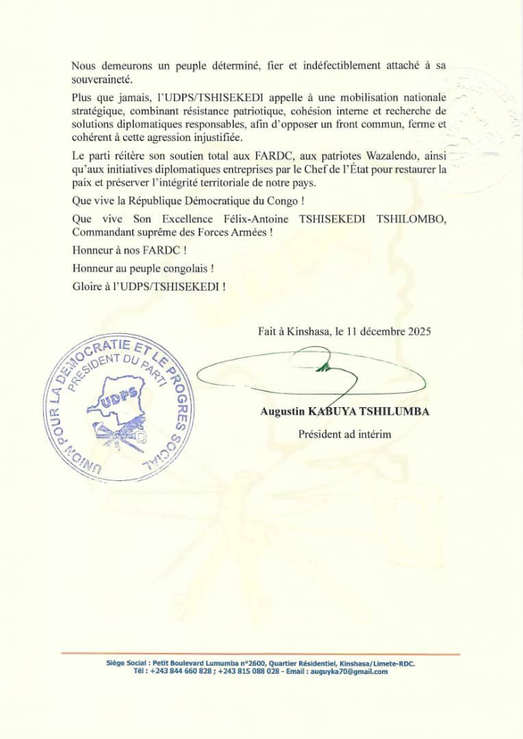 L’Udps/Tshisekedi appelle à une mobilisation stratégique combinant  résistance patriotique, cohésion interne et recherche de solutions diplomatiques responsables afin d'opposer un front commun, ferme et cohérent à cette agression injustifiée. #RDC #DRC <a href="/JTAtv5monde/">Le journal Afrique TV5MONDE</a> <a href="/DycurD70119/">Dynamique des cadres de l'udps pour la 4ème rep</a>