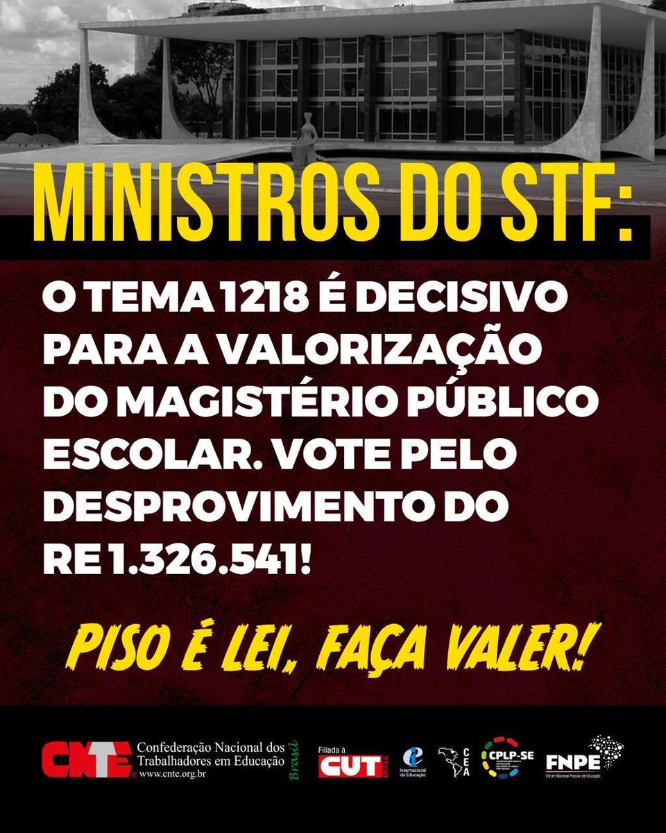 👩🏽‍🏫 A partir desta sexta-feira (12), o Supremo Tribunal Federal (STF) dará início ao julgamento virtual do Tema 1218, que trata dos efeitos do Piso Salarial Profissional Nacional (PSPN) nos planos de carreira do magistério. 

🗓️ A votação segue até o dia 19 de dezembro e seu