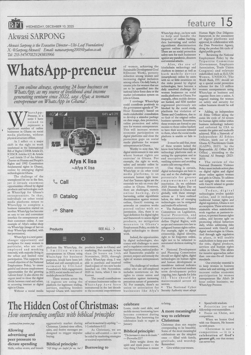 Do you know; 
1.5m women entrepreneurs use WhatsApp for economic activities in Ghana, yet they face hacking, unfair algorithm/GenAI discrimination ,no social protection etc.

In  #WhatsApp-Preneur  attached, l outline how to safeguard digital rights of #women in AI era in Ghana.