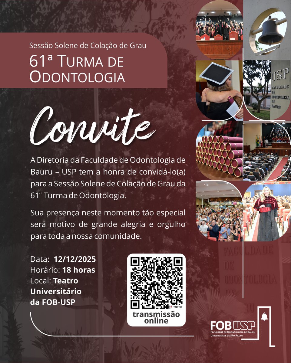 fobuspoficial's tweet photo. Na próxima sexta-feira, 12/12/2025, a partir das 18h00, ocorrerá a Sessão Solene de Colação de Grau da 61ª Turma do Curso de Graduação em Odontologia da FOB: https://t.co/QP3OCyFfU7
.
Edição: Camila Medina
Divulgação Alexandre A. P. Montilha / Camila Medina
#formatura #odonto https://t.co/kJGX9Dyq4T