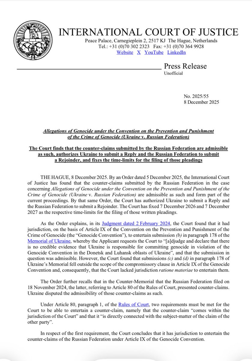 Der Internationale Gerichtshof (IGH) hat entschieden, dass die von Russland eingereichten Widerklagen im Verfahren gegen die Ukraine zulässig sind. 

Dies erlaubt es Russland, Beweise für seine Behauptungen im Rahmen der Völkermordkonvention vorzutragen. icj-cij.org/sites/default/…