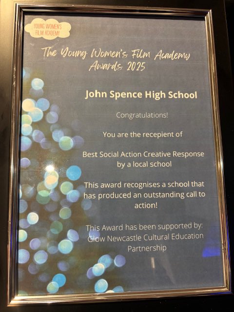 JohnSpenceCHS's tweet photo. Lana, Leon &amp; Isabella attended the @YWFA_NE Young Women’s Film Academy Awards at @tynesidecinema . The school won Best Social Action Response! Lana’s Year 8 script &amp; performance were specially praised. @peletrust #FitForLife https://t.co/GmpJYnn5xG