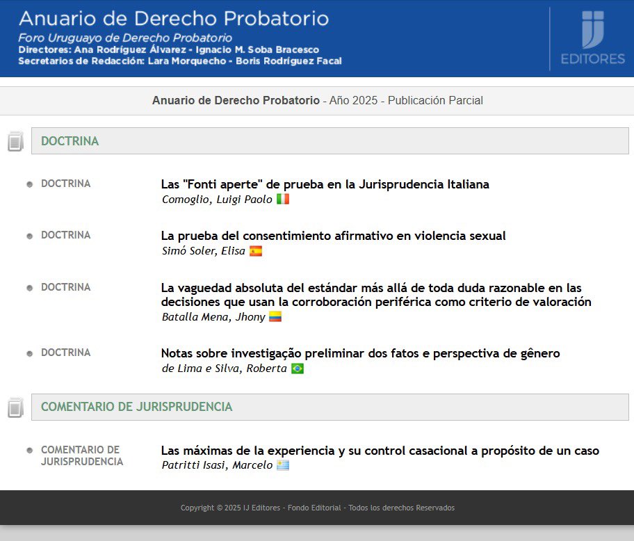 Salió el Tomo 4-2025 (publicación parcial) del Anuario de Derecho Probatorio! Muchas gracias <a href="/ijeditores/">IJ EDITORES</a> ! 

Se irán sumando artículos, pero ya pueden ir leyendo. Recuerden que pueden adquirir la colección en papel a través de <a href="/PalestraEditors/">Palestra Editores</a>