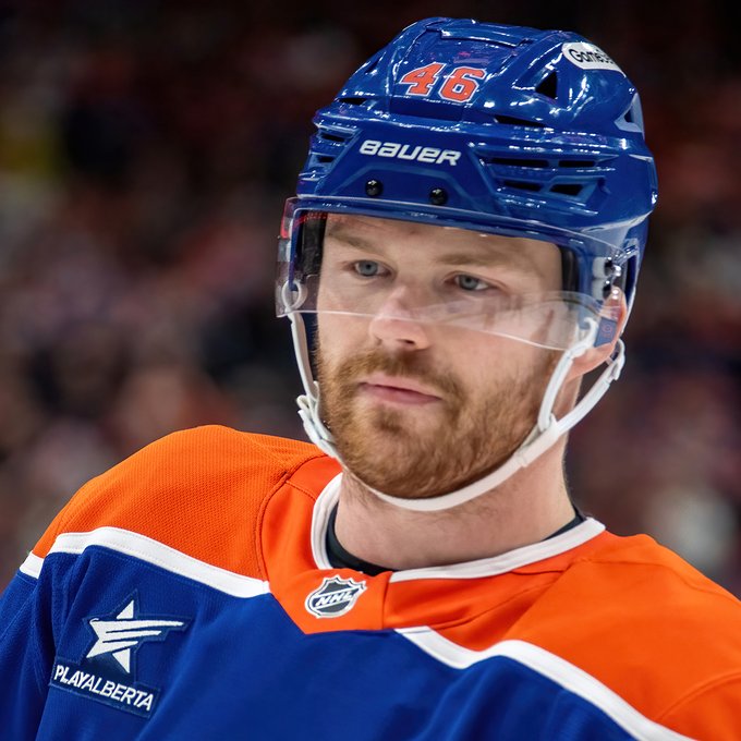 Close-up photo of Max Jones playing in an Oilers home game last season