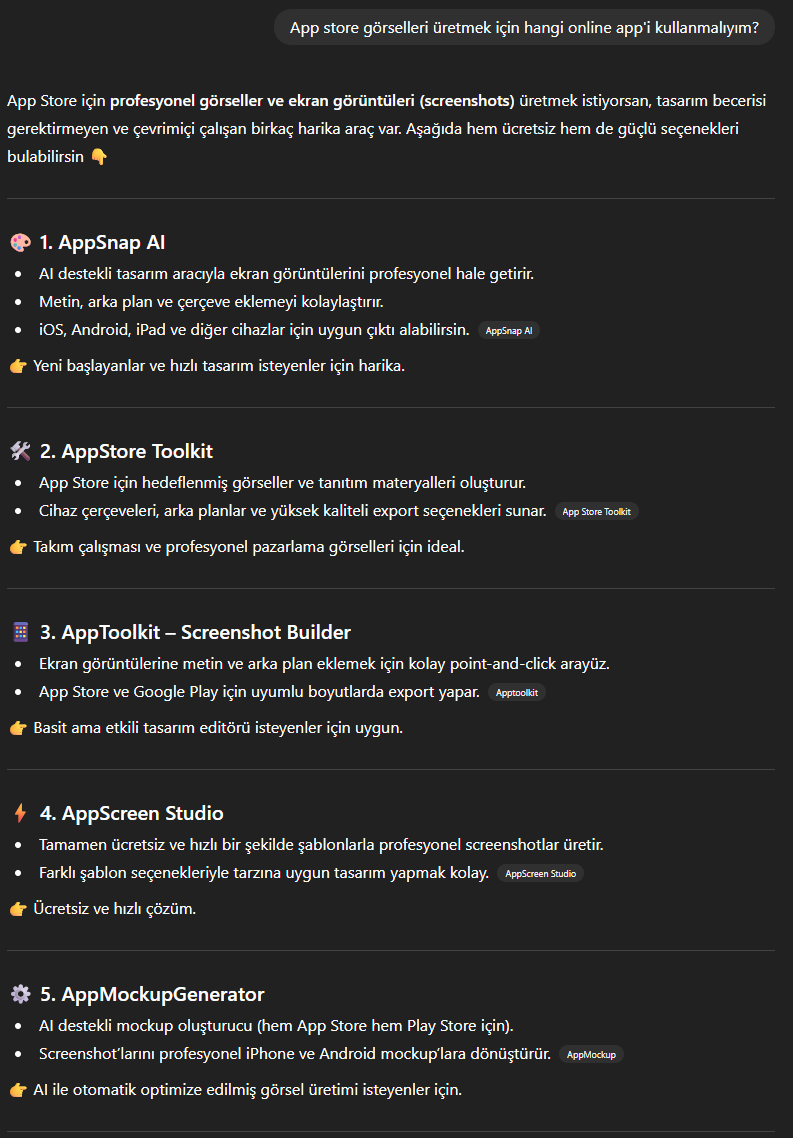 _opinionateddev's tweet image. SEO'da yeni moda ChatGPT mi? Gelin bakalım.

appscreenstudio.com Hala google'da kendi alanındaki popüler keyword'lerde 4-5. sayfalarda çıkarken ve günlük sadece 4-5 kişi google'dan gelirken, ChatGPT'den gelenler günden güne artıyor.

Ve işin güzel tarafı bunun için neredeyse…