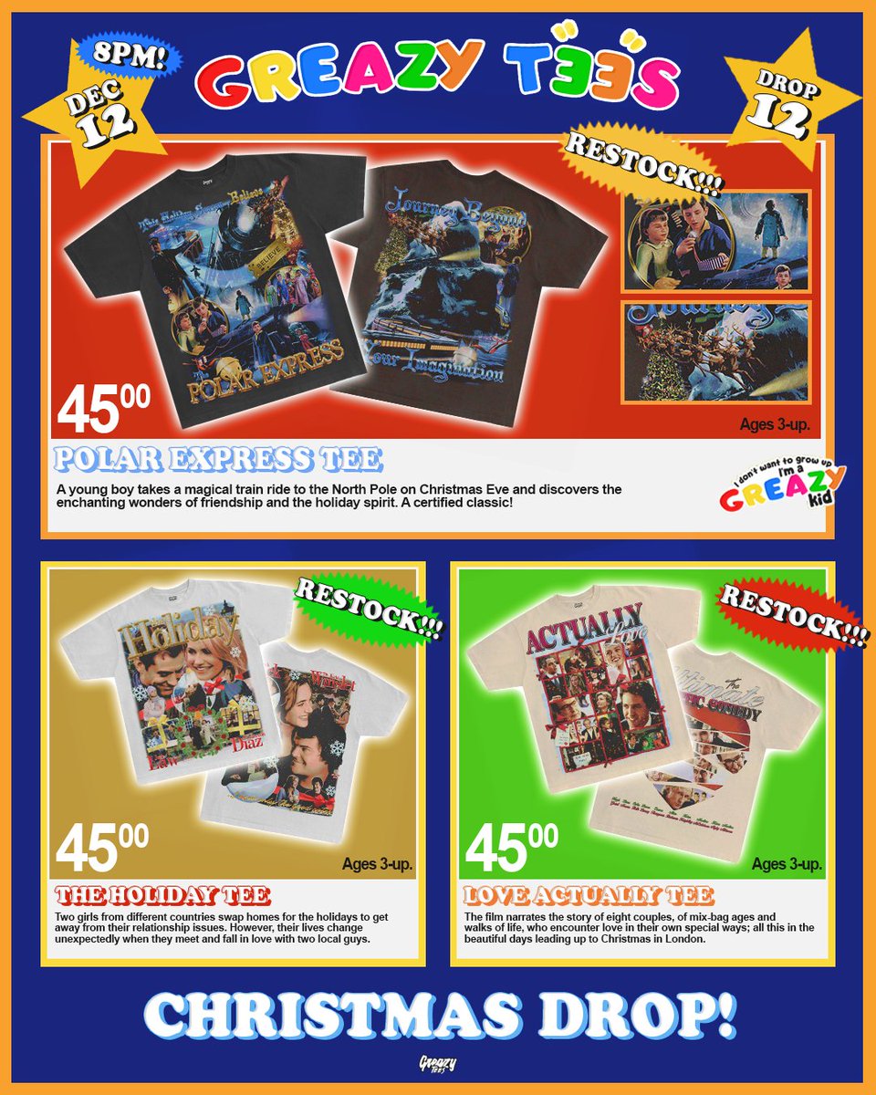 GreazyTees's tweet image. CHRISTMAS DROP - 3 NEW ONES &amp;amp; 6 RESTOCKS 🎁🎄

The Snowman, Home Alone &amp;amp; a special Friends Christmas tee, what a treat. You know we had to come through with the festive ones with this drop, it is Christmas after all. Christmas jumpers are overrrr, we’re supplying the real heat.