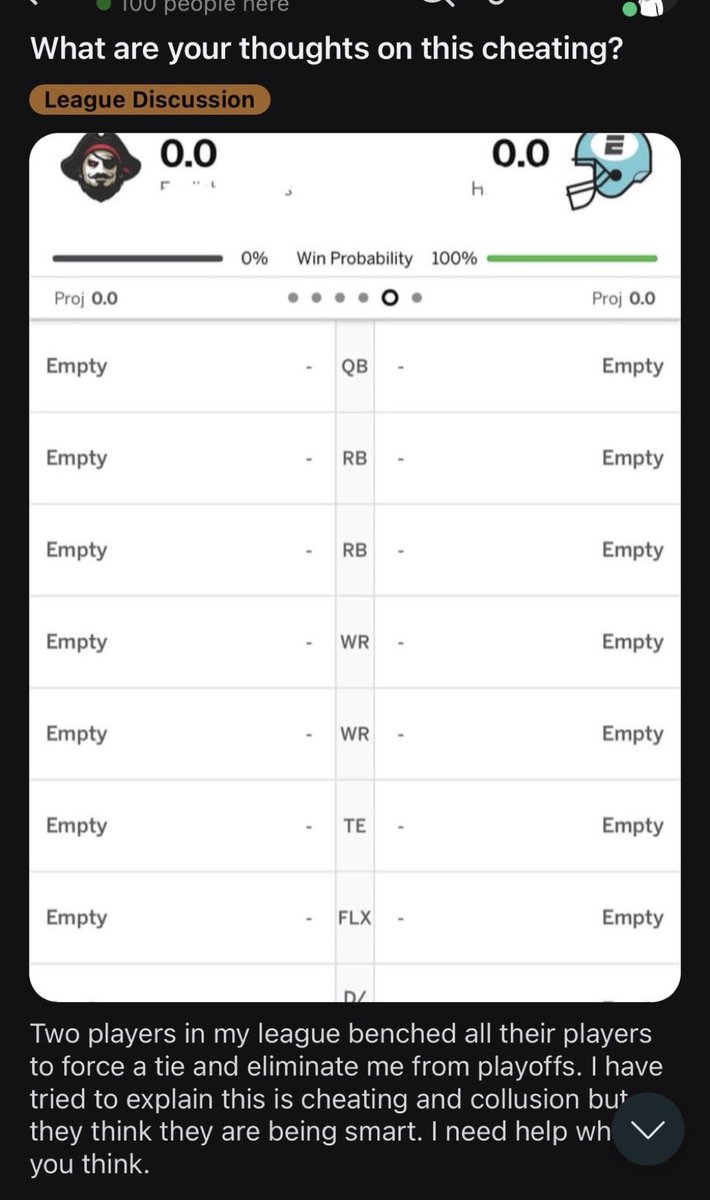 MLFootball's tweet image. TRENDING: Two players intentionally benched their lineups to force a tie, securing their playoff spots while blocking another team from making the playoffs.

SHOULD THIS BE ALLOWED?