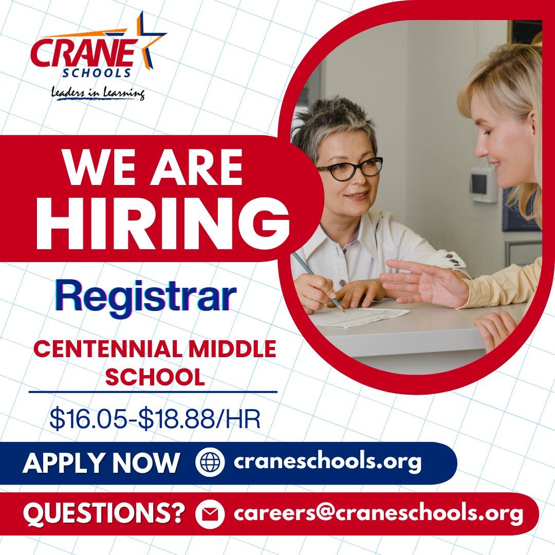 CraneSchools's tweet photo. 🌟We are seeking a high-performing Registrar to join our Centennial Middle crew! If you're great with data, numbers and Excel, and have a high school diploma, apply today! Details at https://t.co/M3ebTfvS6v 🌵 #wearecrane #joinourcrew https://t.co/OmImJdRNAH