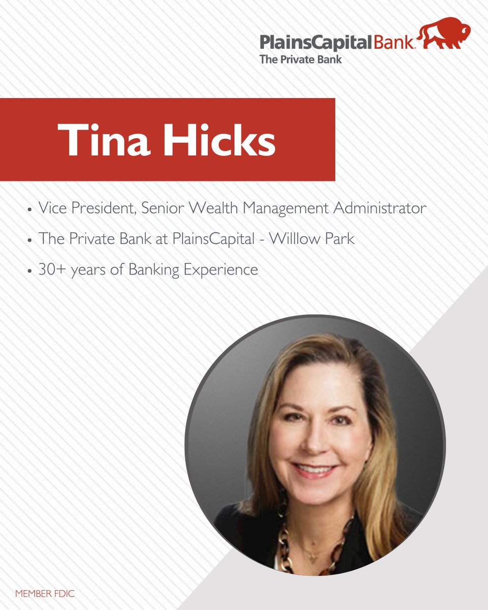 PlainsCapital's tweet image. PlainsCapital Bank is pleased to announce that Tina Hicks has joined The Private Bank at PlainsCapital as Vice President, Senior Wealth Management Administrator.
 
Please join us in welcoming Tina to the Herd!

plainscapital.com/newsroom/plain…

#PlainsCapitalBank #NewHire #PrivateBank