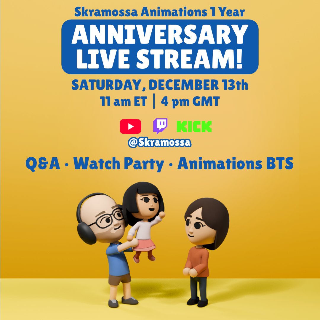 skramossa's tweet photo. Skramossa turns 1 year old! Join the anniversary livestream this Saturday at 11 am ET / 4 pm GMT!

I’ll answer your questions, we'll watch the animations together and I'll show how I create them!

https://t.co/96rnhFTSzQ
https://t.co/O4JLOFvZJQ
https://t.co/0v7nzdf2yg https://t.co/7hRa6mbm5d