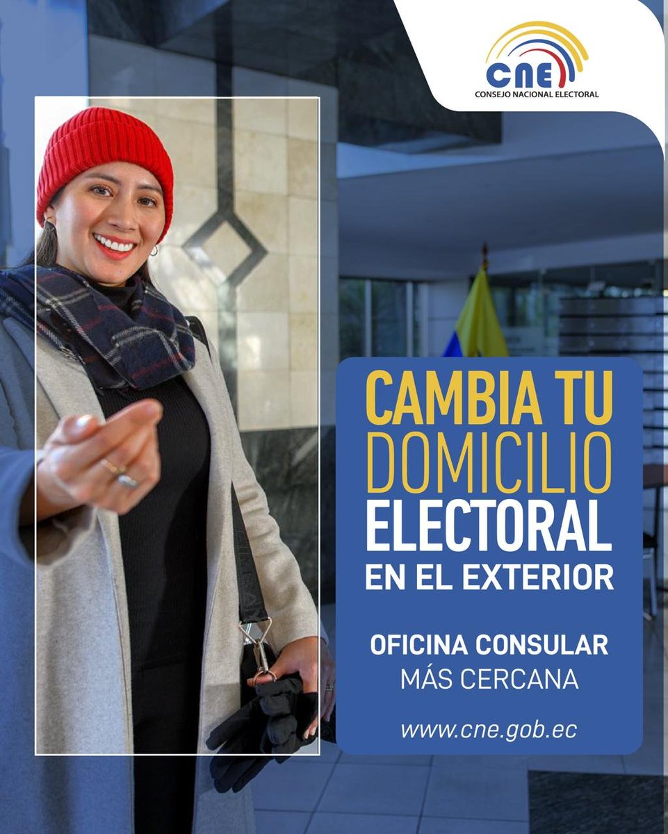 ¡Vota más cerca de tu hogar en los próximos procesos electorales! 🗳️🌎

Si resides en el exterior, realiza tu #CambioDomicilioElectoral. Puedes solicitarlo a través de las siguientes modalidades:

📍 Oficinas consulares en el exterior 🌍
📍 cne.gob.ec 💻