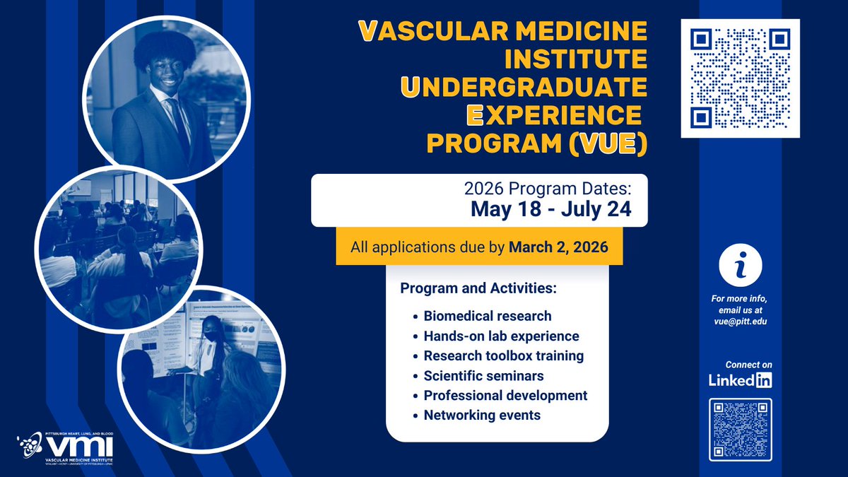 PittDeptofMed's tweet image. 🚀Ready to launch your research career? 🔬✨

The 2026 VMI Undergraduate Experience (VUE) is now accepting applications!

10 weeks of hands-on biomedical research, seminars, workshops &amp;amp; career development at Pitt.

📅 May 18–July 24

For more info and to apply:…