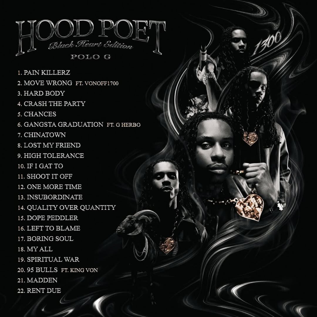 Rap's tweet photo. POLO G
HOOD POET BLACK HEART EDITION💿🖤

FEATURES:
👤 VONOFF1700
👤 G HERBO
👤 KING VON

🚨DECEMBER 19TH🚨 https://t.co/8yRfjn6VOs