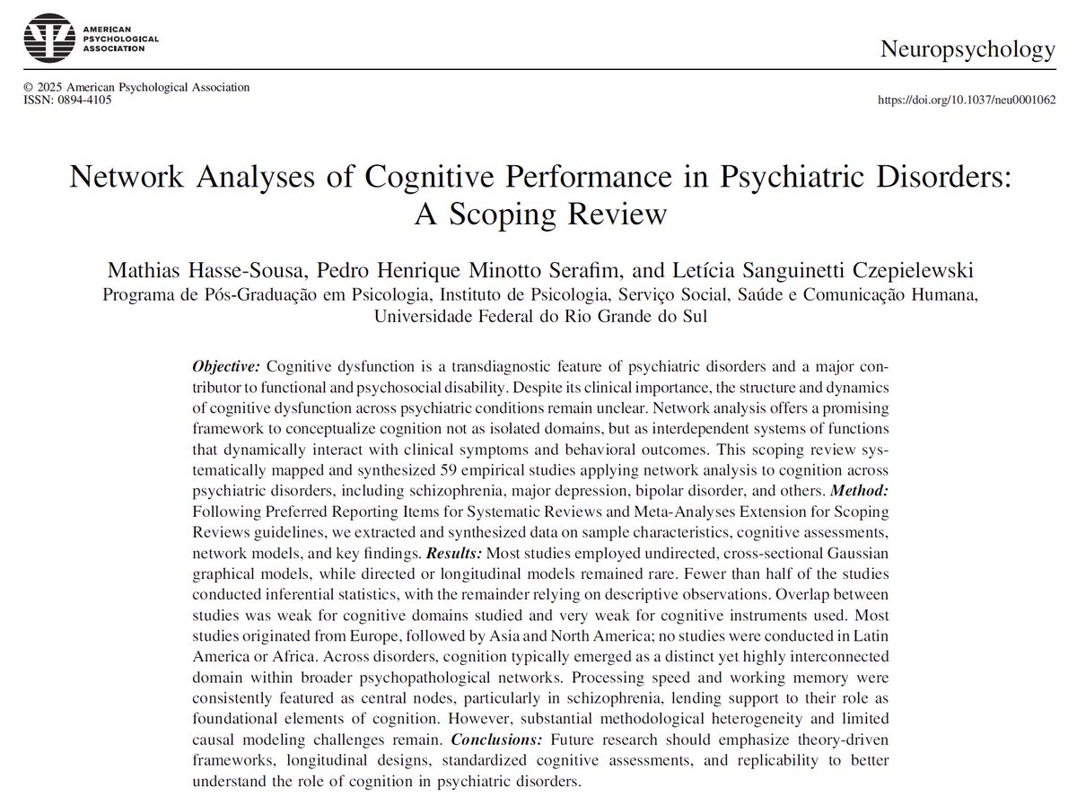 mhsousa's tweet photo. New paper is finally out! Excited to share our scoping review on network analysis studies of cognitive performance in individuals across the psychopathological spectrum, published in Neuropsychology — @APA_Journals 

https://t.co/n7HNaOa81p

Thread: +🧵 https://t.co/FsvKCVJV7r