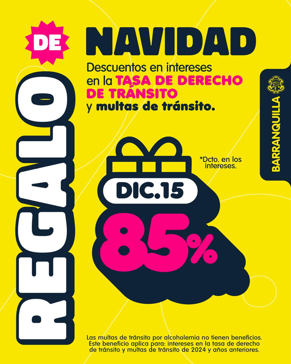Aprovecha los últimos días de este regalo de Navidad: descuento del 85% en los intereses de la tasa de derecho de tránsito y multas de tránsito de 2014 y años anteriores hasta el 15 de diciembre.

Paga aquí: barranquilla.gov.co/transito/pagos…

¡Ponte al día ahora!