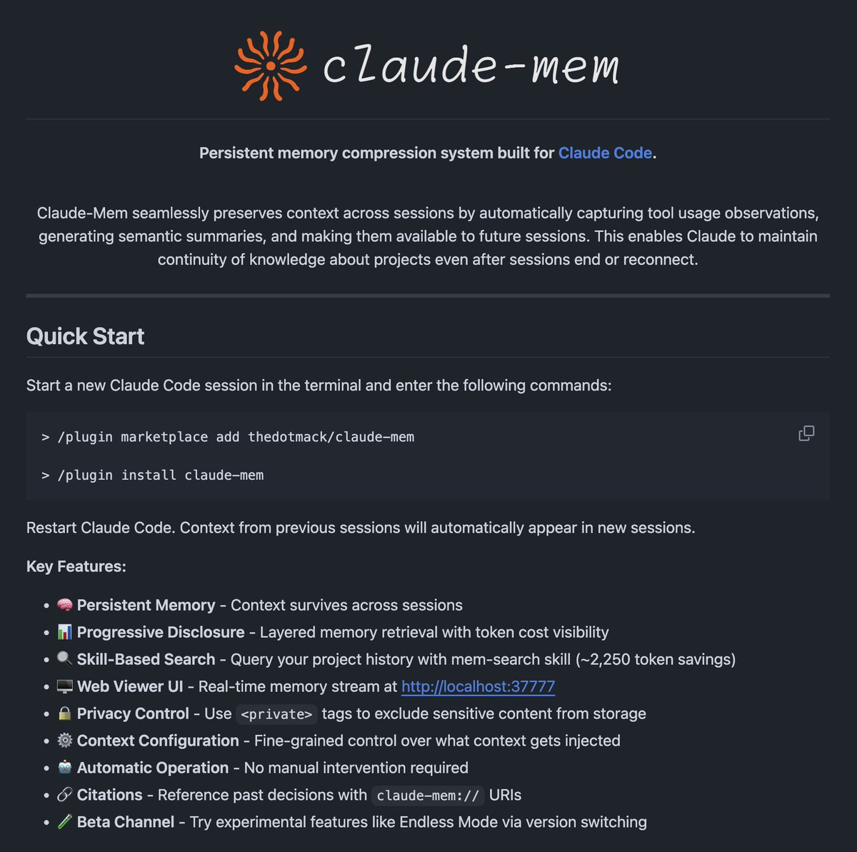 omarsar0's tweet image. Claude Code plugin to persist memory across sessions. 

3.7K⭐️

It&apos;s built with hooks, uses SQLite for session storage, and supports both semantic and keyword search.