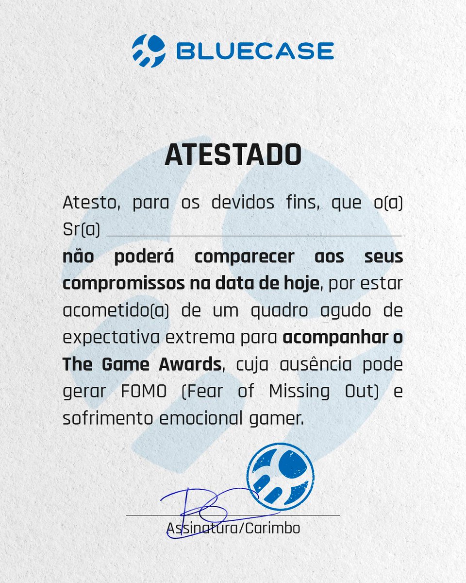 BluecaseOficial's tweet photo. O diagnóstico é claro: hoje tem The Game Awards. 🎮🔥
A única recomendação é acompanhar tudo com aquela pipoquinha¬ em mãos e zero delays. 😎

Agora conta pra gente:
🏆 Pra quem vai a sua torcida?

#Bluecase #TheGameAwards https://t.co/5Z3TQjJ1Cr