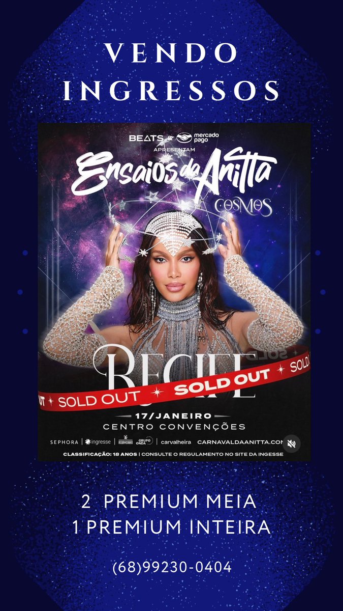 euingridmaia's tweet photo. VENDO INGRESSOS ENSAIOS NA ANITTA RECIFE

2 premium meia estudante 
1 premium inteira 

Ajudem no RT, preciso pagar minhas contas 🙏🏻 https://t.co/j3KLOgLvYB