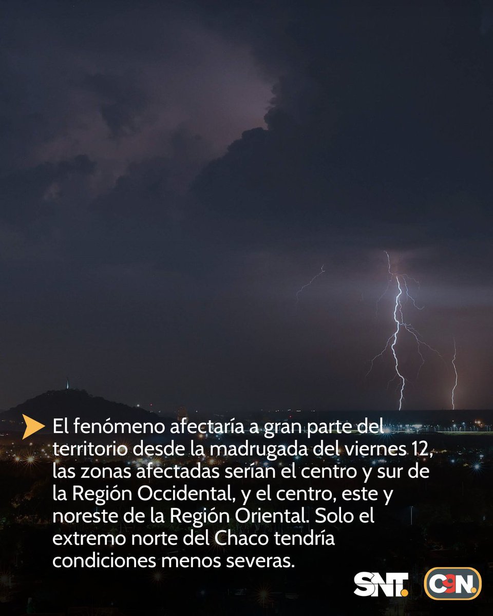 C9NParaguay's tweet photo. ¡A cuidarse! ⚠️

Un sistema de tormentas afectaría a gran parte del país desde la madrugada del viernes 12. Se esperan lluvias intensas, ráfagas de viento, descargas eléctricas y posible caída de granizos.

Deslizá para conocer qué zonas estarían más expuestas, qué fenómenos se prevén y qué recomendaciones debés seguir.

Compartí esta info. 🙌🏻
