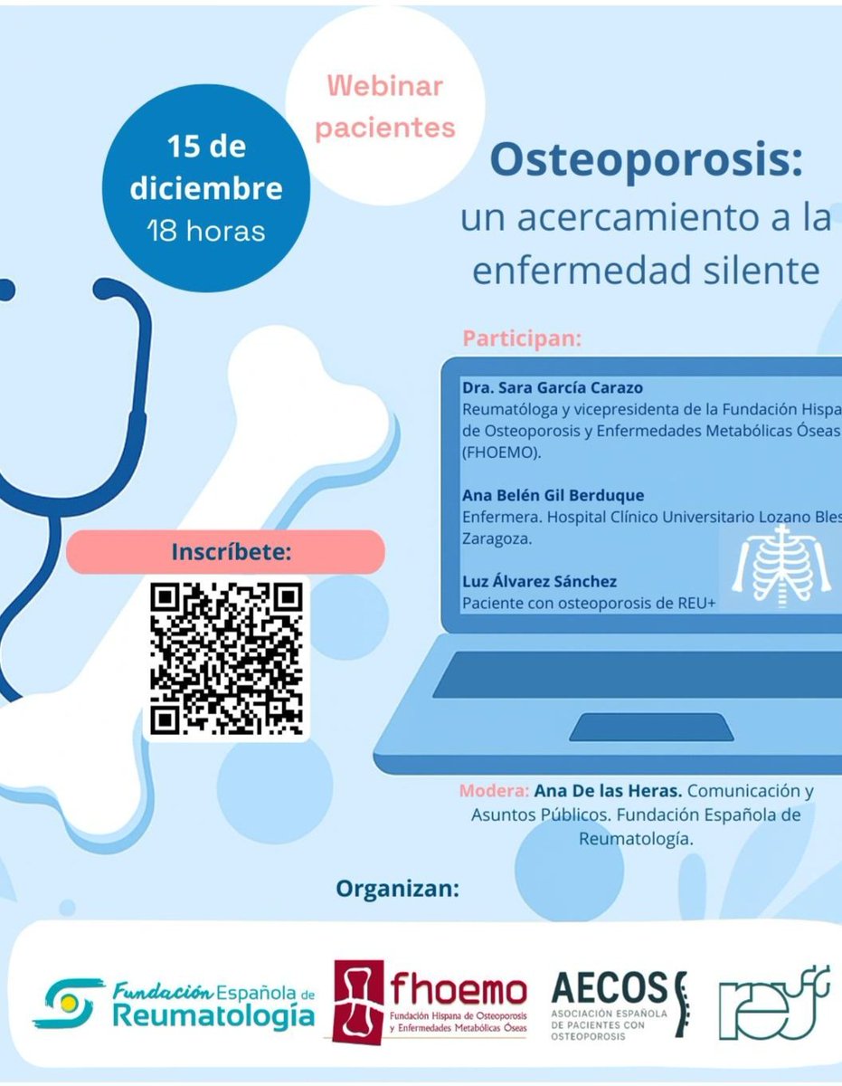 El próximo día 15 te esperamos en el webinar organizado por <a href="/SEReumatologia/">Soc.Esp.Reumatología</a> <a href="/FHOEMO/">FHOEMO Osteoporosis</a>
#Reumas
Hablaremos de:
✔ Qué es la osteoporosis y por qué es “silenciosa”.
✔ Factores de riesgo y detección precoz.
✔ Cómo cuidar tus huesos y tu calidad de vida.

🔗 Inscripción en la wed FER