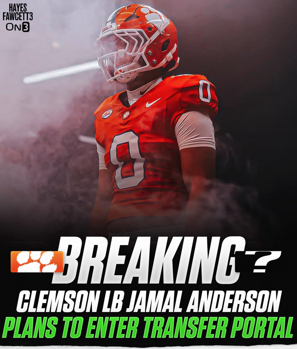 Hayesfawcett3's tweet image. BREAKING: Clemson LB Jamal Anderson plans to enter the @TransferPortal, his agency tells @On3Sports

The former four-star recruit totaled 16 tackles and 1 sack in his time with the Tigers 

Repped by @ShawnODare of @rosenhaussports 

on3.com/transfer-porta…