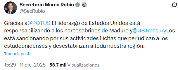 la_katuar's tweet photo. #URGENTE Marco Rubio celebró sanciones a los narcosobrinos de Cilia Flores 

El Departamento del Tesoro los sanciones por sus actividades ilícitas que perjudican a estadounidenses y la región, señaló el secretario de Estado en X 

#EEUU #Venezuela #11Dic https://t.co/FsLmQv9y7S