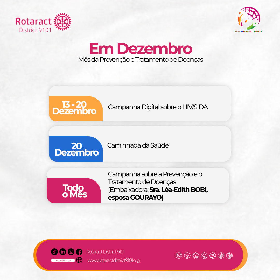 Rotaract9101's tweet photo. ✨[PROGRAMME DU MOIS DE DÉCEMBRE ] ✨
D écembre, le mois dédié à la prévention au traitement des Décembre, le mois dédié à la prévention au traitement des #rotaractd9101maladies ! 🌍

Entre sensibilisation sur le VIH/SIDA et action sur le terrain. https://t.co/MQ3Ho2kRMh