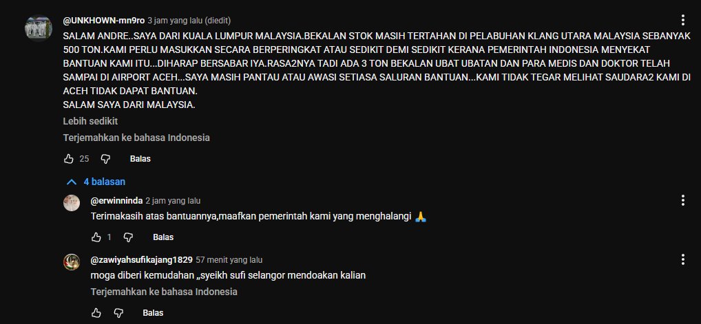 Pak <a href="/prabowo/">Prabowo Subianto</a> tolong permudah orang-orang yang ingin memberi bantuan. Jangan dipersulit. Masih ada daerah yang sampai sekarang belum tersentuh. Dan beri jalan saudara-saudara kami yang mau beri bantuan. Serta, HUKUM BERAT yang mencuri bantuan.