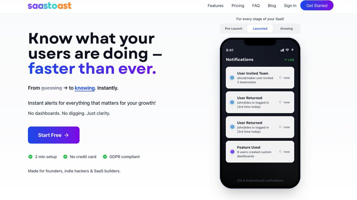 pocketone's tweet image. Redesigned the hero section of SaasToast today.
Now I’m stuck choosing the headline 😅

1️⃣ Stop guessing. Get instant alerts when your users do anything important.
2️⃣ Real-time visibility for founders who don’t have time for dashboards.
3️⃣ Your SaaS heartbeat — delivered…