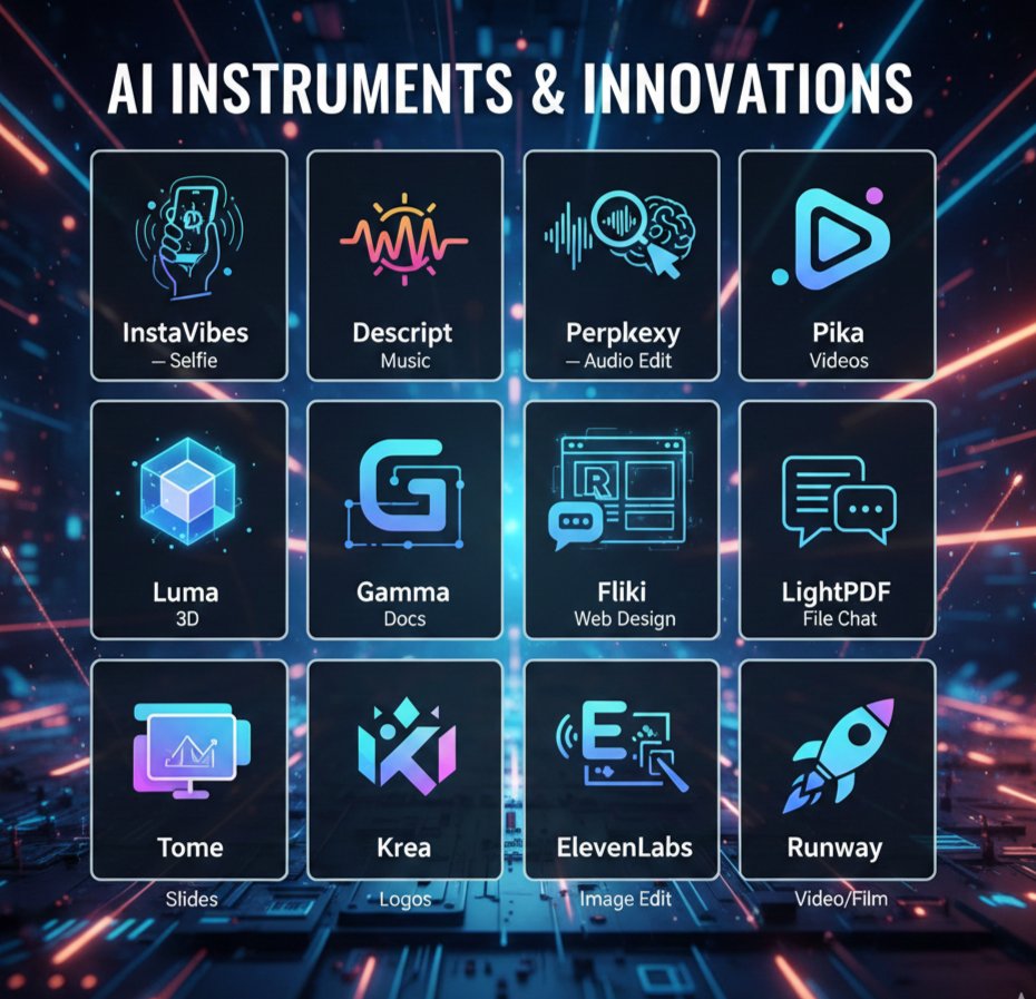 MetaStackhub's tweet image. 12 AI tools you’ll actually use:
1.InstaVibes — Selfie instrument
2.Descript — Audio edit
3.Perplexity — Research
4.Pika — Videos
5.Luma — 3D
6.Gamma — Docs
7.Fliki — Voiceovers
8.LightPDF — File chat
9.Tome — Slides
10.Krea — Logos
11.ElevenLabs — Voices
12.Runway — Video/film