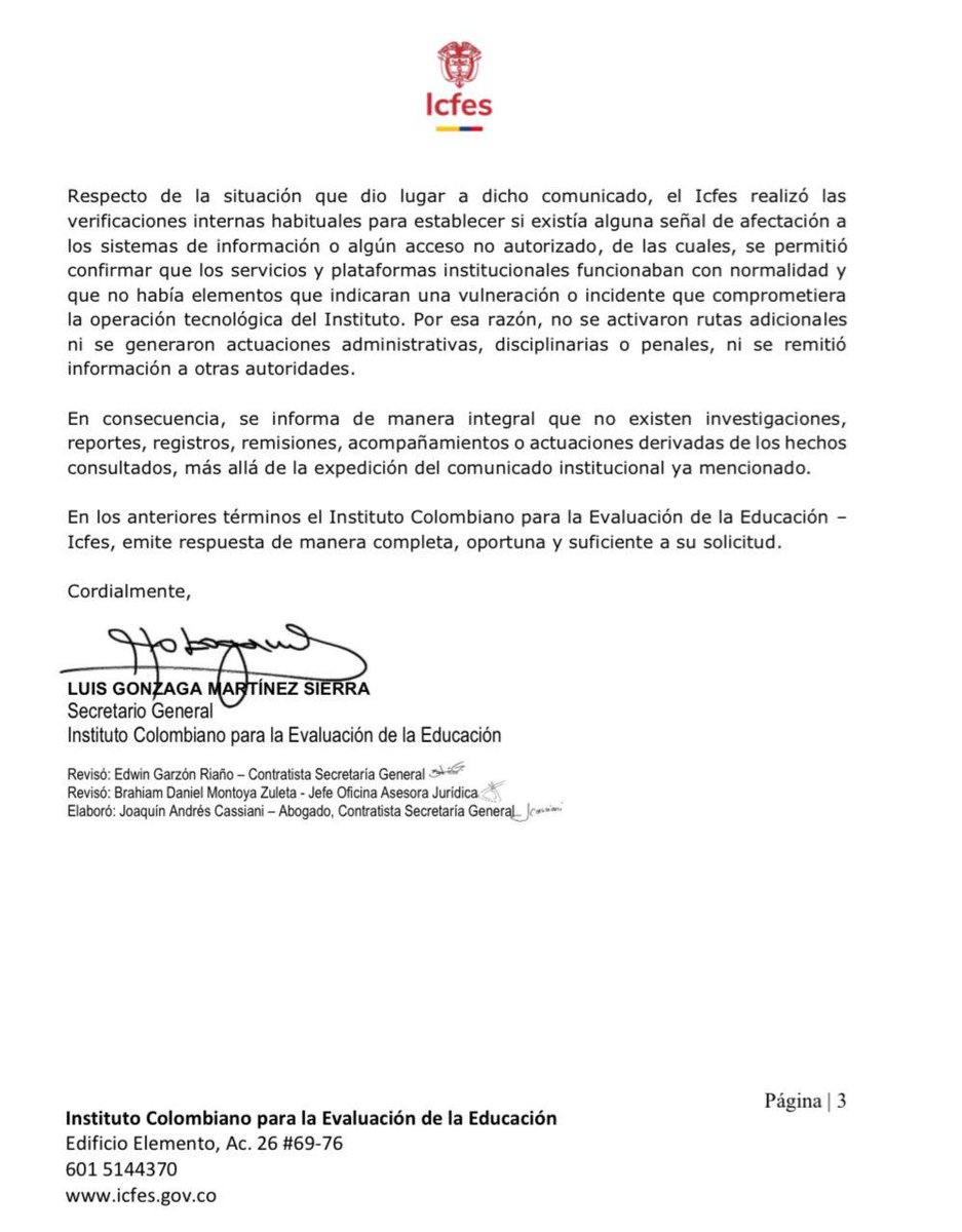 Por cubrirle la espalda a Juliana Guerrero, el <a href="/ICFEScol/">Icfes</a>  se atrevió a insinuar que yo había hackeado su página. Hasta terminé denunciada por eso en la Corte. 
Hoy confirman que no hubo ningún hackeo. Ahora soy yo quien le pide a la @PGN_col que investigue al ICFES por faltas