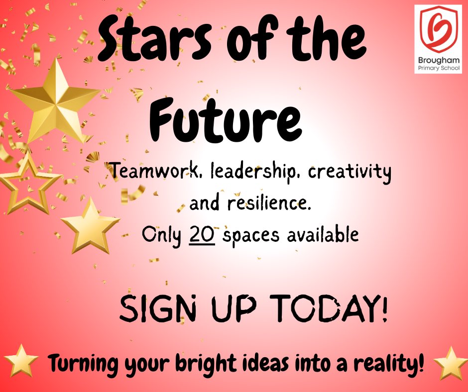 BroughamPrimary's tweet image. 🌟 Exciting news! KS2 pupils can join our Stars of the Future Club this Spring! 💡Create business plans, design products 🎨, advertise 📢 &amp;amp; sell 💰. Learn teamwork, leadership &amp;amp; creativity! Ready to shine? ⭐ #StarsOfTheFuture #KS2 @AdAstraTrust