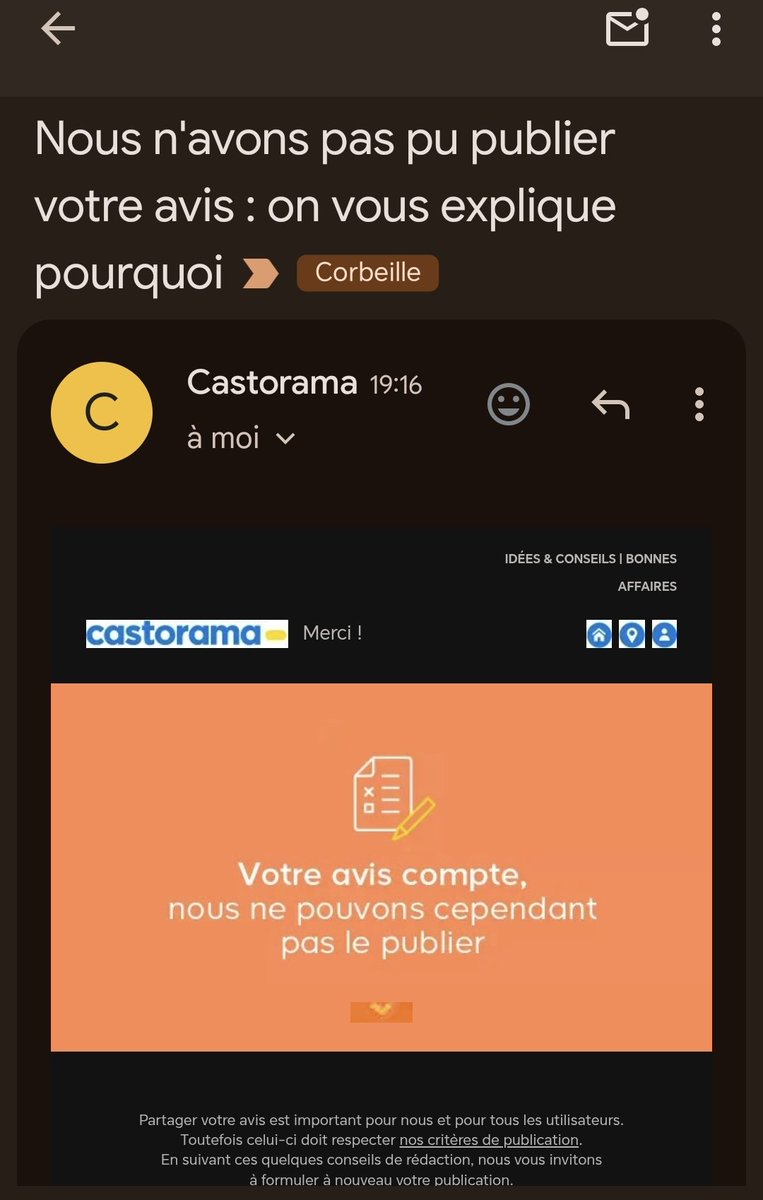 pierrefay's tweet photo. Ça va @castorama_fr ? On relance par mail pour avoir un avis client et quand un avis est très négatif on le publie pas ? Pourtant j'ai été factuel et poli... On fait le debrief  des 3 a/r pour toujours pas avoir un meuble de sdb fonctionnel sur X? J'attends encore une pièce... https://t.co/ssJY66xXIs