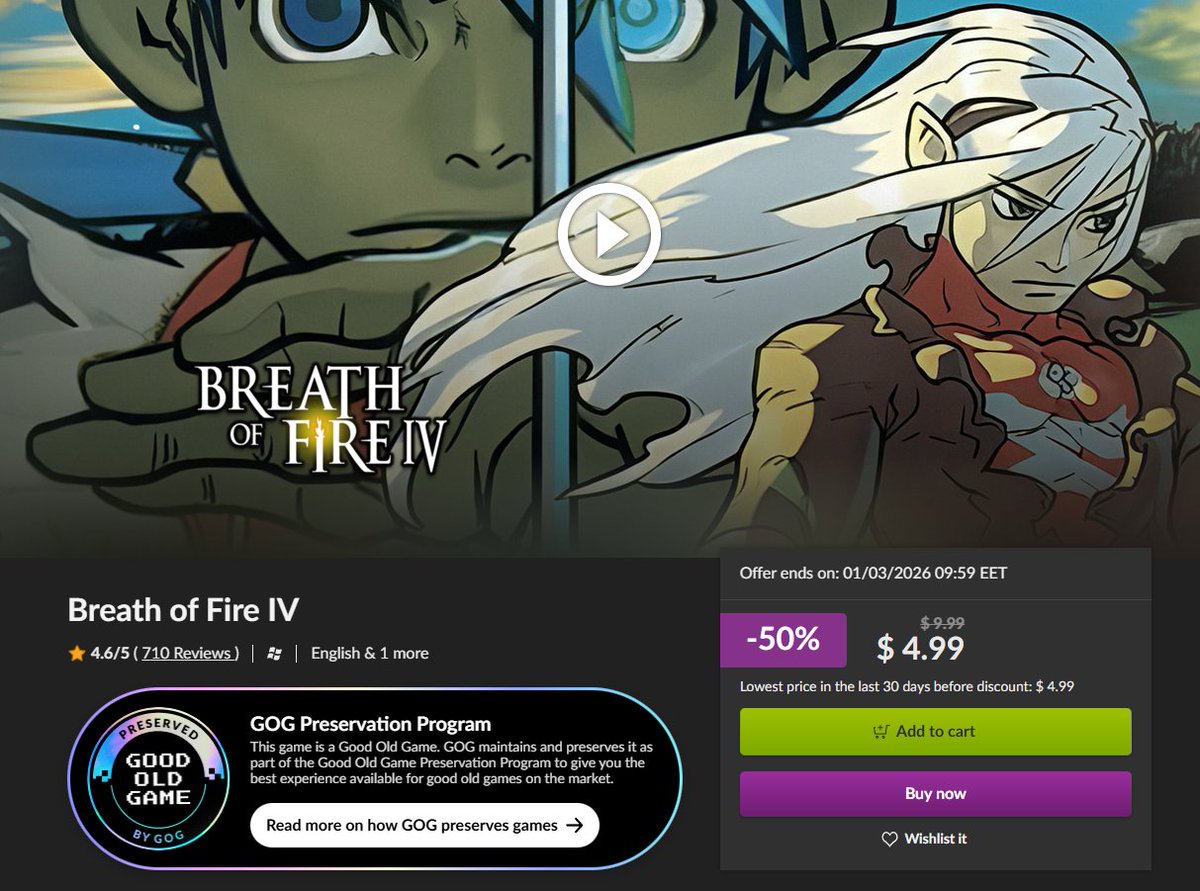 Breath of Fire IV is $4.99 on GOG (preservation program) buff.ly/wN4IYmv