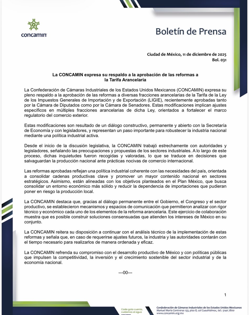 #COMUNICADO 

La #CONCAMIN expresa su respaldo a la aprobación de las reformas a la Tarifa Arancelaria

La Confederación de Cámaras Industriales de los Estados Unidos Mexicanos (CONCAMIN) expresa su pleno respaldo a la aprobación de las reformas a diversas fracciones arancelarias