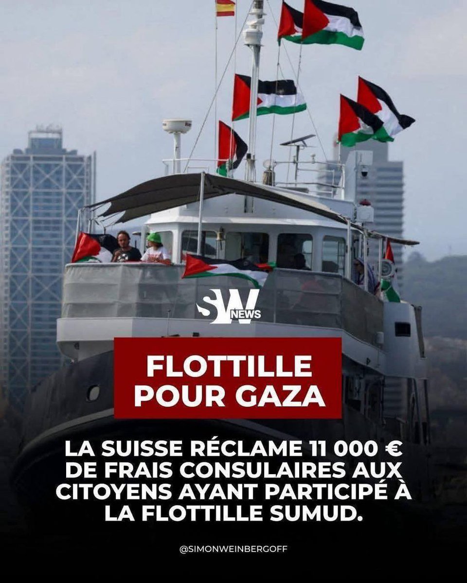 Buenísimo, a meter la mano en la billetera y poniendo estaba la gansa 

 🇨🇭 SUIZA  
El proyecto de ley sobre activismo ha llegado. Y es caro.

Los 20 ciudadanos suizos que se habían embarcado en la flotilla pro-Gaza "Sumud" acaban de recibir una factura de hasta 11.000 euros cada