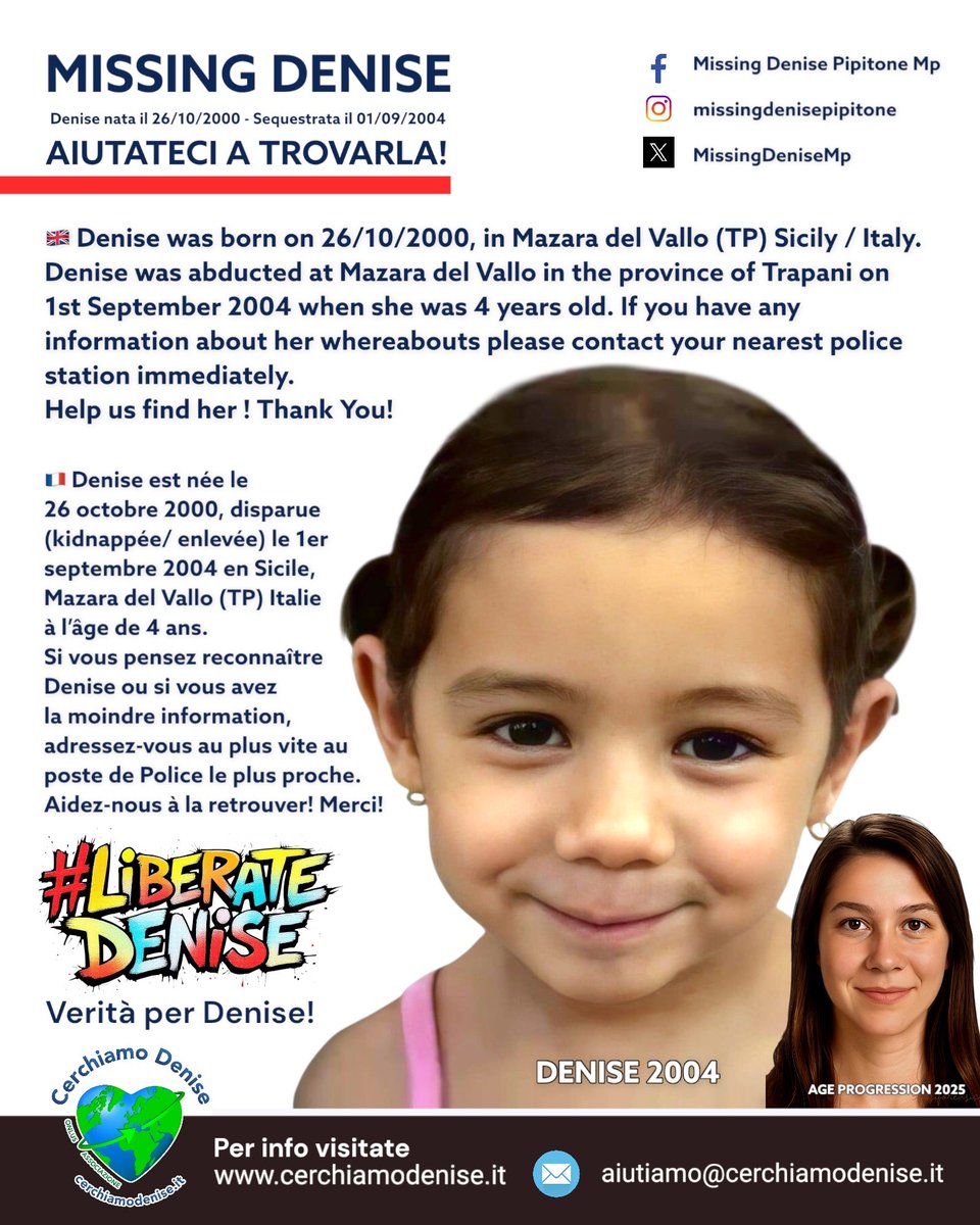 💚 Aiutateci a trovare Denise❣️Condividi anche tu. Grazie🙏

💔 MISSING DENISE 
Link Download locandine/posters 👉 cerchiamodenise.it/locandinepost/…

#Missing #CerchiamoDenise #MissingDenise #Italia #Italy #sequestrata #scomparsa #kidnapped #disparue #Sicilia #Europa #world #DenisePipitone