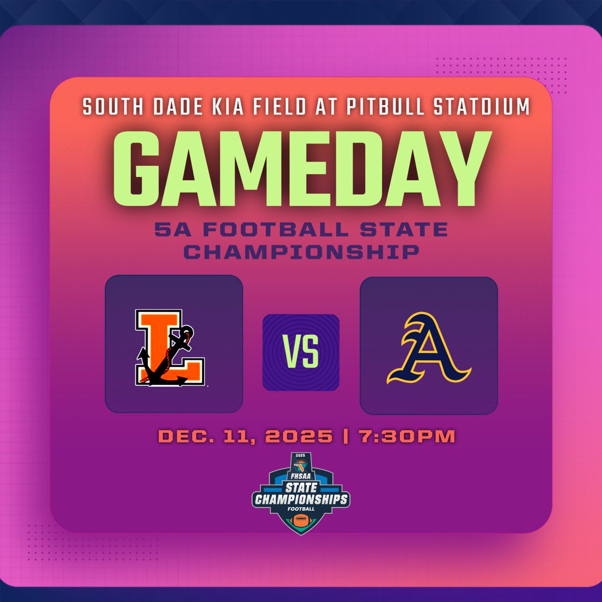 FHSAA's tweet photo. Coming up next at 7:30pm! 🔥 The stage is set for a HUGE rematch in the #FHSAA 5A Football State Championship as Lakeland and St. Thomas Aquinas clash once again for the title! 🏆🏈

Get ready, this one’s going to be epic!

#Championsmadehere
#Driveto305
#Class5A https://t.co/SeI0ekwTSM