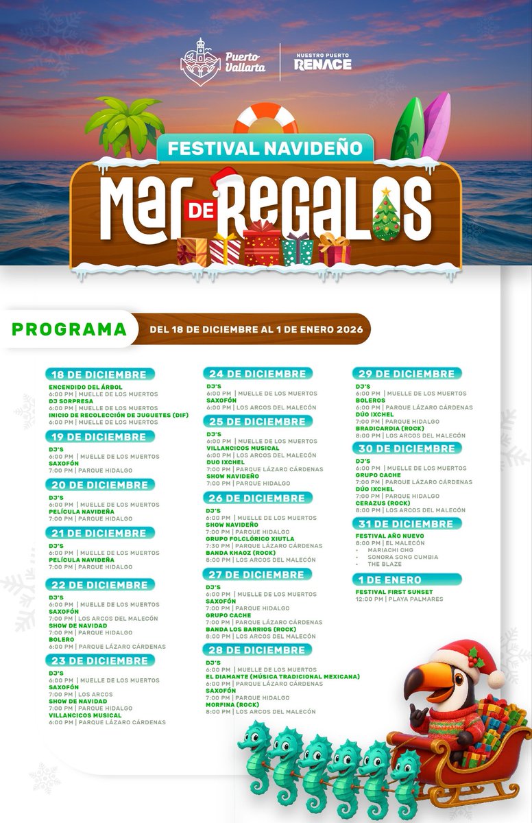 🎄Festival Navideño Mar de Regalos

Disfrútalo del 18 de diciembre al 1 de enero. Te comparto el programa que hará tu navidad inolvidable.

🎁 Súmate a la causa y dona un juguete nuevo o en buen estado, ayudemos juntos a regalar sonrisas a las niñas y niños de Vallarta.