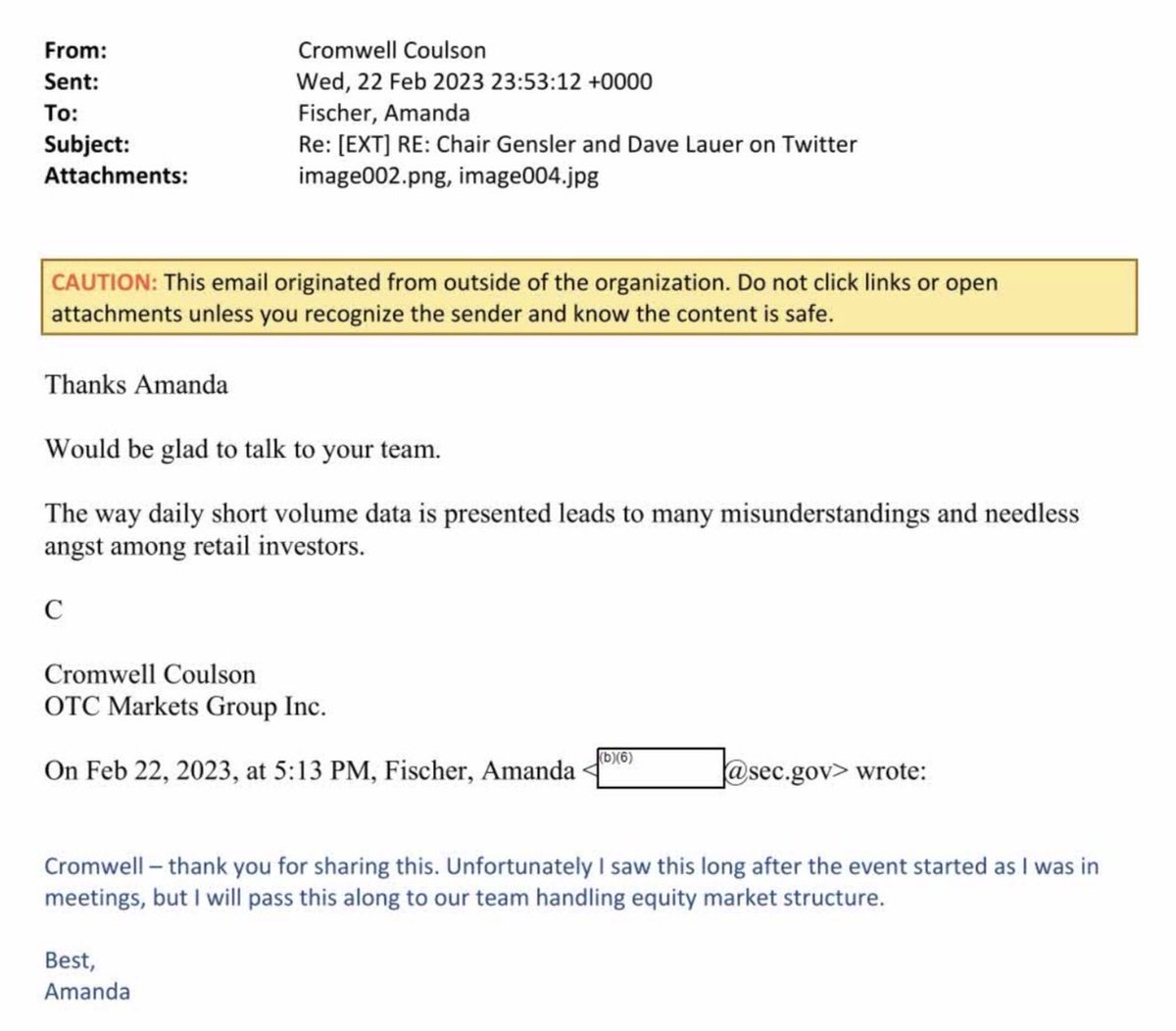 bleedblue18's tweet photo. $MMTLP New FOIA reveals OTC Markets President/CEO, Cromwell Coulson, reach out to former SEC Chief of Staff, Amanda Fischer, in a last minute preparation for SEC Chair Gary Gensler’s public discussion with Dave Lauer.

His intent was CLEARLY to steer the narrative around MMTLP. https://t.co/kH94dlbKC0